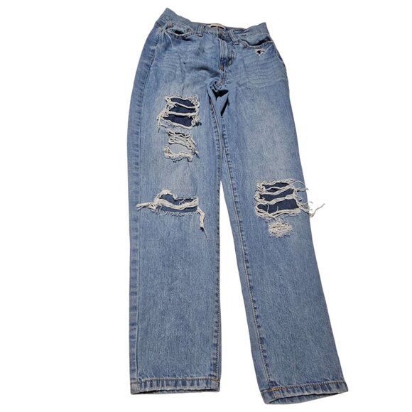 SO High Rise Curvy Mom Jeans Womens Size 1 Light Wash Ripped Denim Pants Juniors - Picture 2 of 6